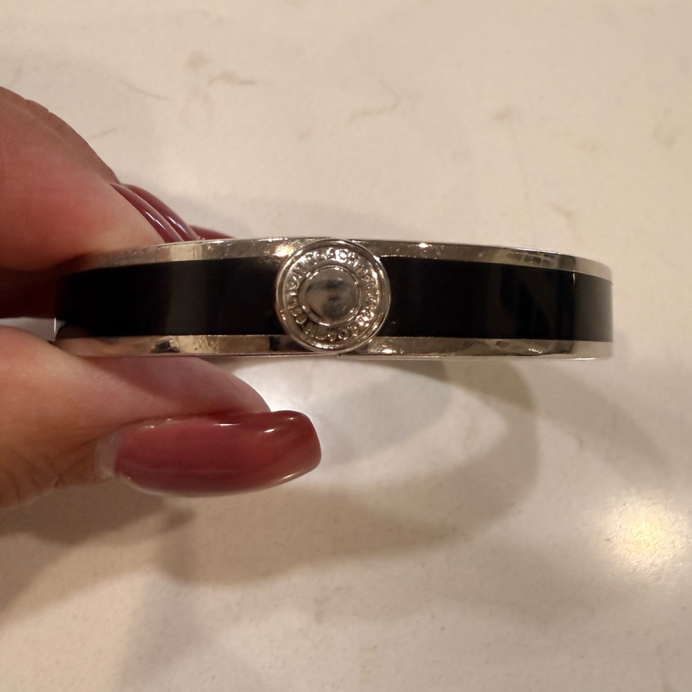 Coach Black Enamel and Silver-Tone Bangle Bracelet
